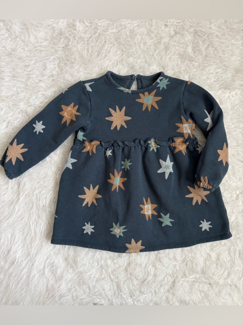 Little Co Girls Western Vibe Navy Star AOP Long Sleeve Cozy Fleece Dress